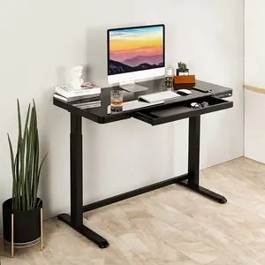 Rise Up Glass Electric Standing Desk 23.7x 45.3” glass desktop adjustable height 27-46.3” sit stand-up ergonomic office computer workstation memory usb c charging ports outlets easy assembly