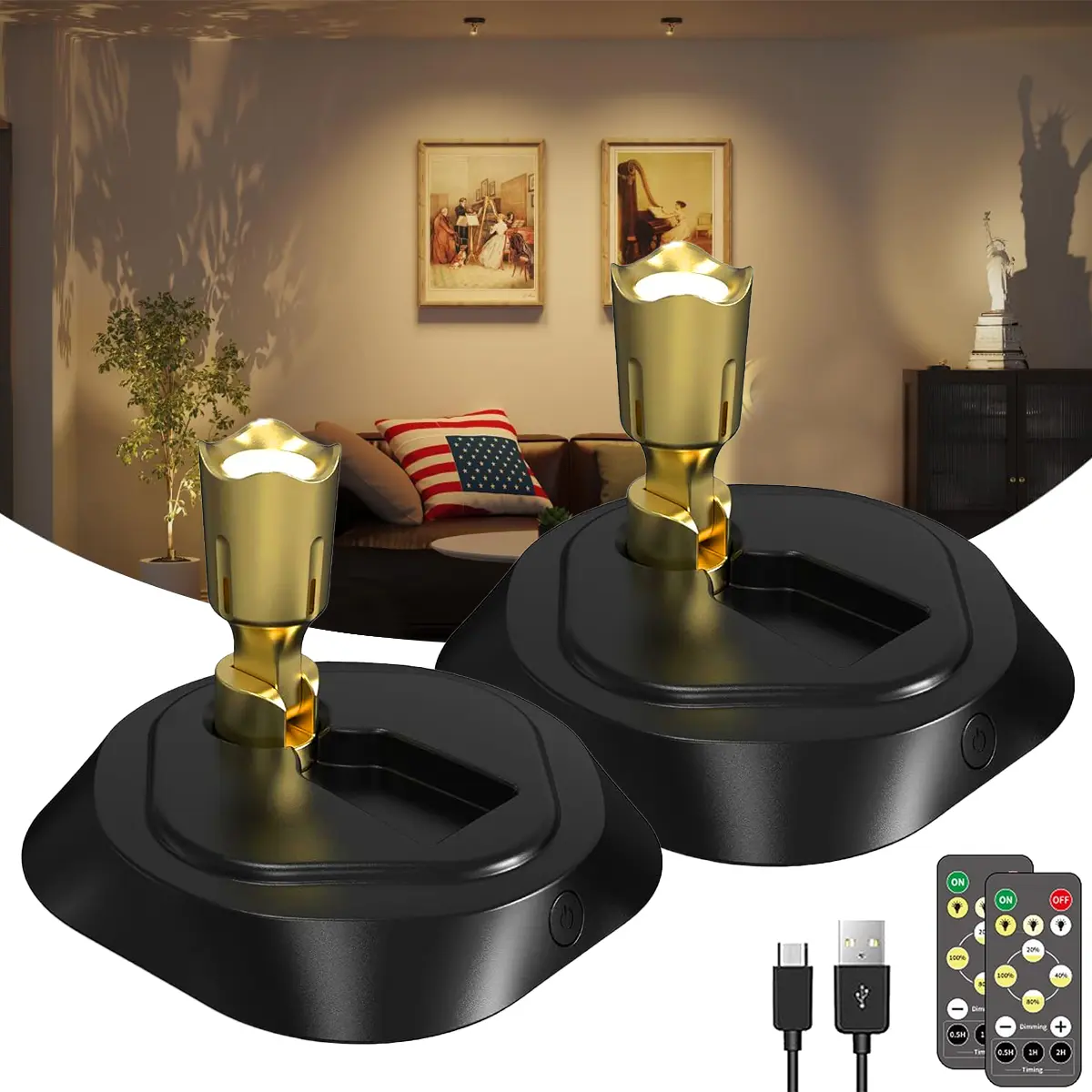 Wireless LED Spotlights 2 Pack Rechargeable Battery Accent Lights for Indoor Use Highlight Artwork Plants Display No Cords Needed Easy Home Decor