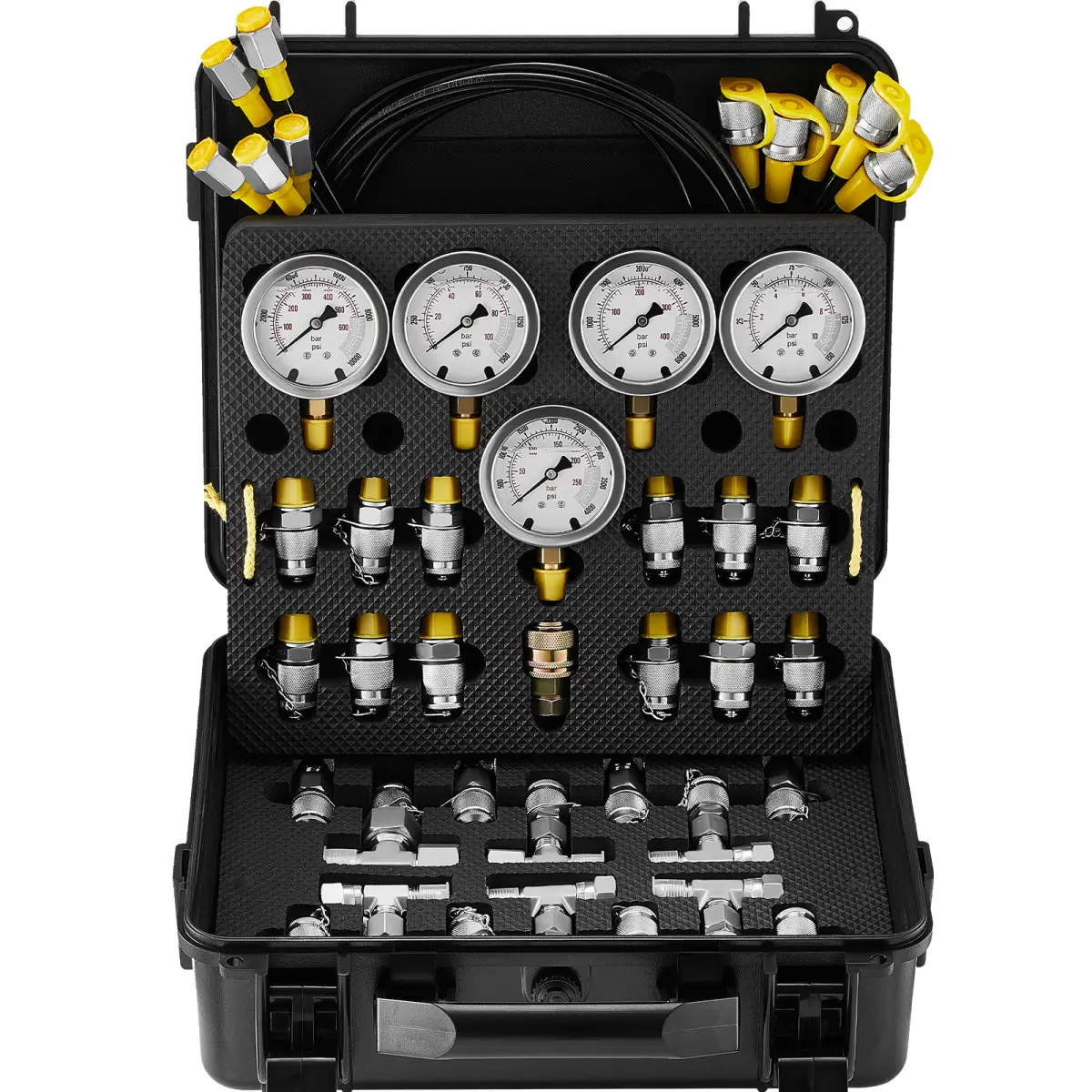 Compact High Accuracy Multi-Range Stainless Steel Hydraulic Pressure Test Kit with 5 Gauges (10/100/250/400/600bar), 13 Couplings, 14 Tee Connectors, 5 Test Hoses, Carrying Case for Excavators, Automotive Machinery On-Site Testing & Repair