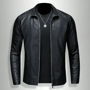 Men's Slim-Fit Faux Leather Bomber Jacket, Black Blue, Zip-Up Long Sleeves, Casual Versatile Minimalist Polyester Lined Outerwear for Daily Wear, Stylish Menswear Tops Coats