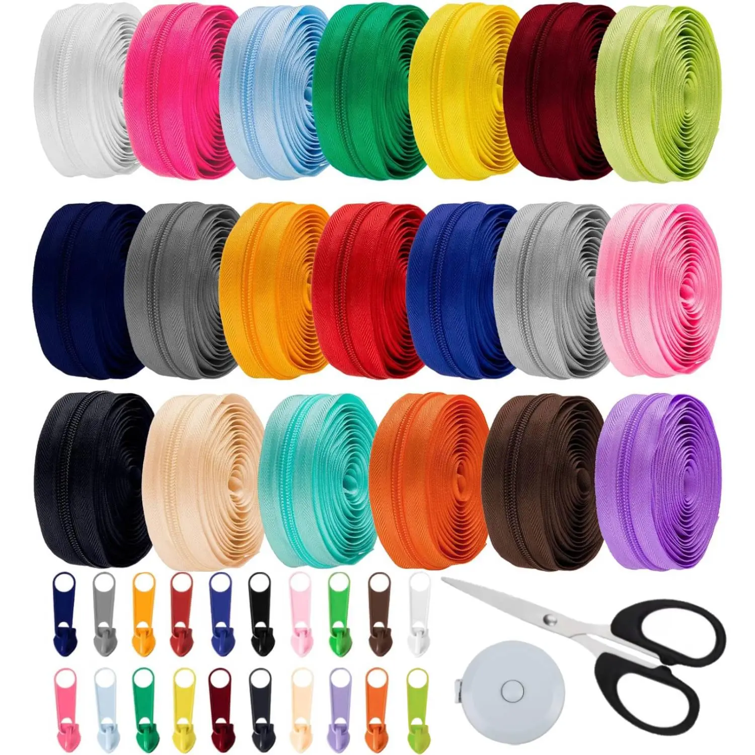 36/60 Inches 12/20-Piece Pack Sewn Zipper Wholesale #5 Nylon Roll-Up Zipper 12/20 Color Combinations for DIY Sewing Bags Wallets and Craft Materials with Scissors and Measuring Tape