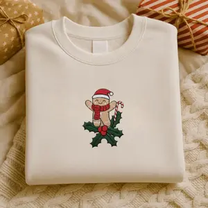 Embroidered Christmas Gingerbread Sweatshirt, Cozy Holiday Crewneck for Women, Cute Gingerbread Man Design with Candy Cane and Holly, Festive Winter Gift for Her 2025
