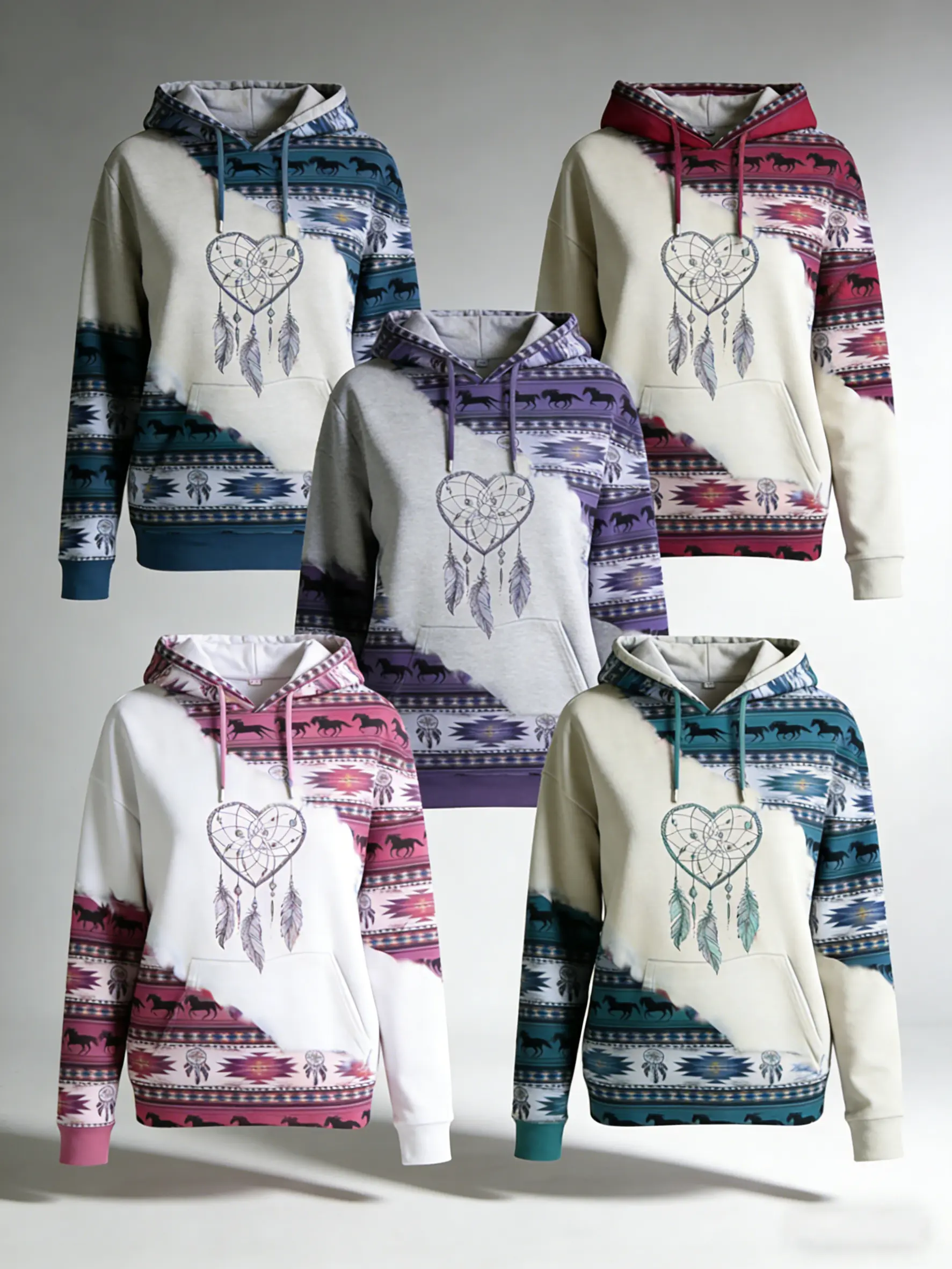 Vintage-Inspired Boho-Chic Hoodie - Women's Western Pullover with Dreamcatcher & Horse Print - Polyester Blend, women's Graphic Print Western Sweatshirts