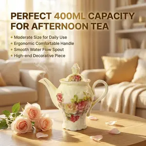 European Cream Rose Embossed Gold Tea Pot, Afternoon Tea Set, Vintage Ceramic Coffee Pot for Home Use, Elegant Tea Ware, Teapot