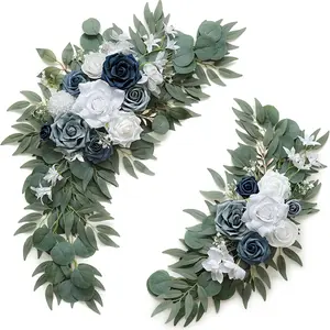 littleox 2 Pcs Grey-Blue Artificial Rose Floral Arrangements with Eucalyptus Leaves, Bohemian Style Wedding Arch Flowers,Realistic Flower Garland for Wedding Backdrop,Home Party & Bridal Decor