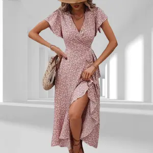 Boho Wrap Maxi Dress • V-Neck Belted Flowy Vacation Dress