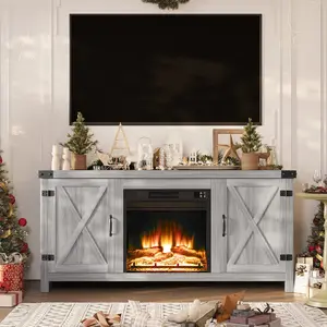 FURMAX Fireplace TV Stand for 65+ Inch TV, 23.8" Tall Highboy Farmhouse Entertainment Center w/ 26'' Electric Fireplace, Rustic Media Console w/Barn Door for Living Room
