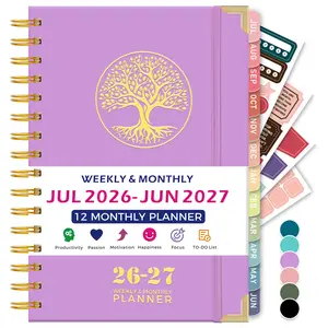 2026-2027 Diary A5 Week to View, Jul.2026 - Jun.2027 Academic Planner with Tree Pattern, 14.5 x 21cm, 4 Planner Stickers, Inner Pocket, Hardback Spiral Calendar Book for School Teachers Students