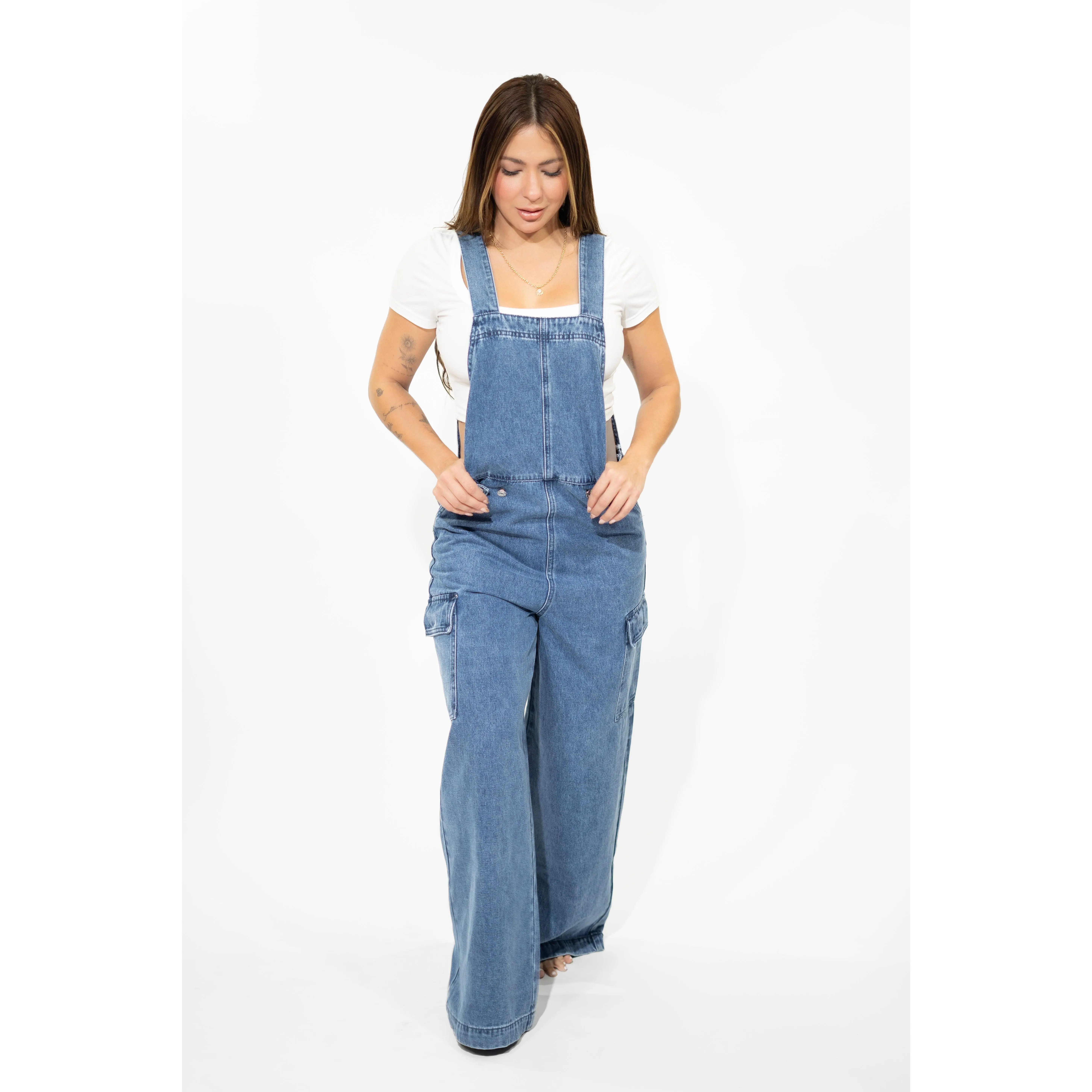 Washed Denim Overall with Cargo Pockets