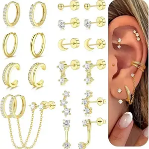 Hypoallergenic Gold Plated Earrings for Women 20G Surgical Stainless Steel Flat Back Dainty Stackable Stud Earrings Sets for Multiple Cartilage Piercing