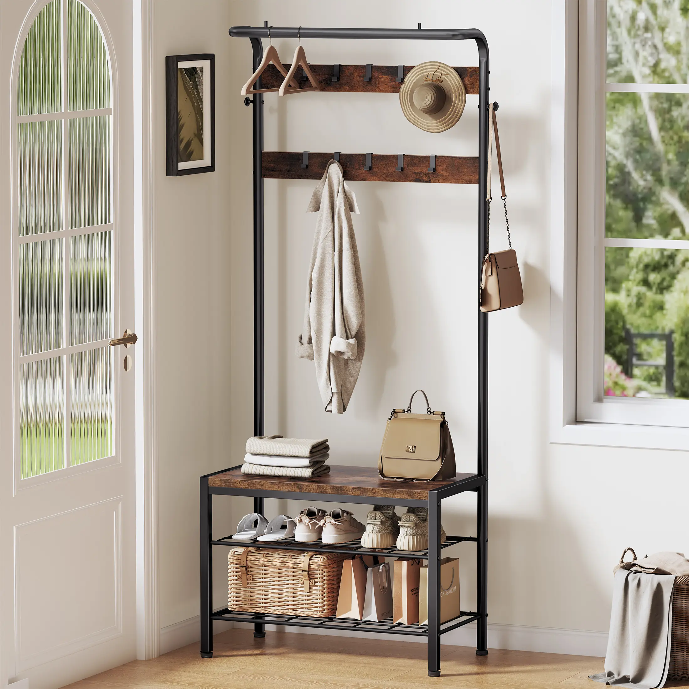 Sweetcrispy 4-in-1 Freestanding Heavy-Duty Modern Coat Rack Hall Tree with Shoe Bench for Entryway, 9 Removable Hooks, Hanging Rod, Freestanding Coat Racks, Heavy-Duty Coat Racks
