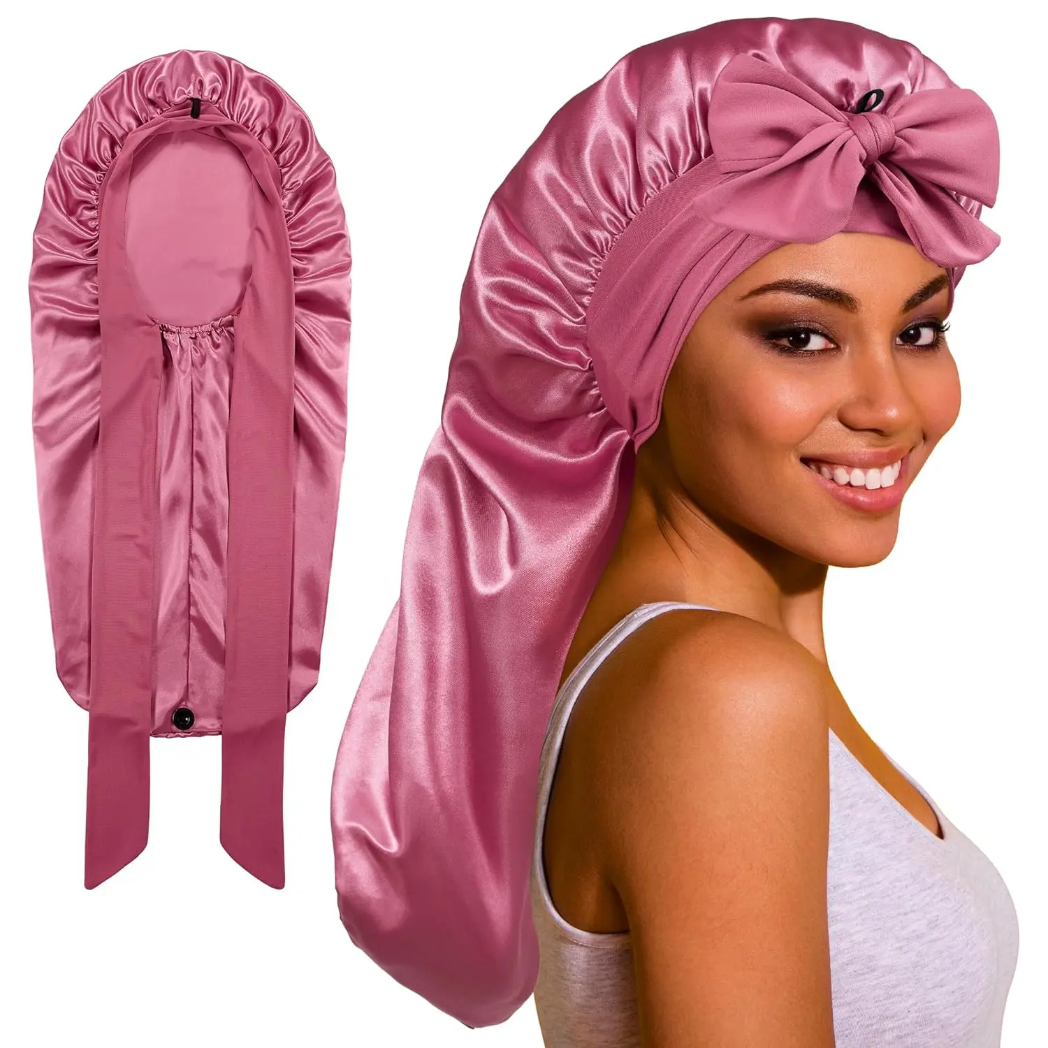 Long Satin Bonnet for Sleeping Silk Hair Bonnet Tie Band Sleep Cap for Braids Curly Hair Women