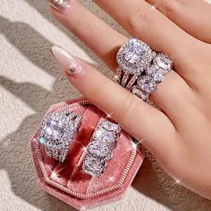 2pcs Elegant Copper Ring Set, Pave Synthetic Cubic Zirconia, 4-Prong Design, Bling Engagement Rings for Women, Party and Banquet Jewelry, All-Season Accessory (No Box)