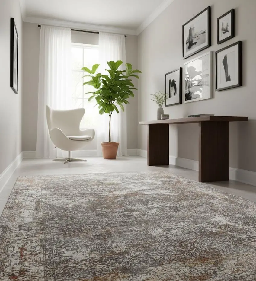 Silver Ivory Hand-Knotted Area Rug-Wool & Bamboo Silk Rug 10x14 ft and 12x15 ft Elegant Distressed Traditional carpet