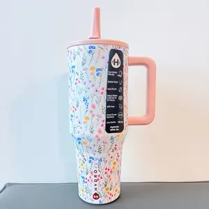 Cute Floral 40oz Tumbler Cup Leakproof Travel Mug With Handle & Straw Keeps Ice Cold All Day Aesthetic Pink Water Bottle for Women & Teens
