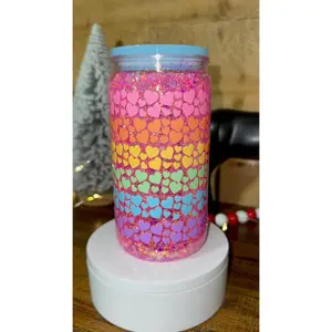 Rainbow Heart Snowglobe Cup 16oz Pink Glitter Tumbler with Acrylic Lid and Straw Bright Fun Sparkling Design