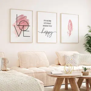 Modern Pink Feather & Letter Pattern Unframed Painting, 3 Counts/set Canvas Wall Art, Wall Art Decor for Home Living Room Bedroom, Ornaments, Quote Prints