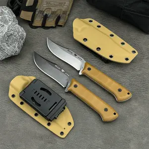Desert-colored fixed-blade knife, Survival gear, Survival Tools, with 8Cr13Mov blade and G10 handle, features custom K-sheath quick-draw clip for waist carry, ergonomic non-slip grip, portable, ideal for outdoor camping and hiking
