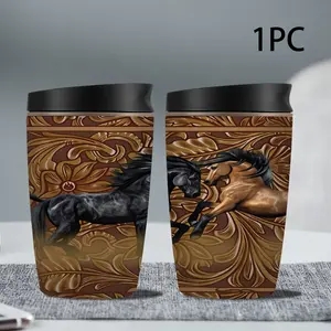 13.5oz Stainless Steel Insulated Cup, Western Embossed Leather Dual Horse Design, Vintage Totem Horse Mug, Equestrian Gift, Outdoor Portable Thermos
