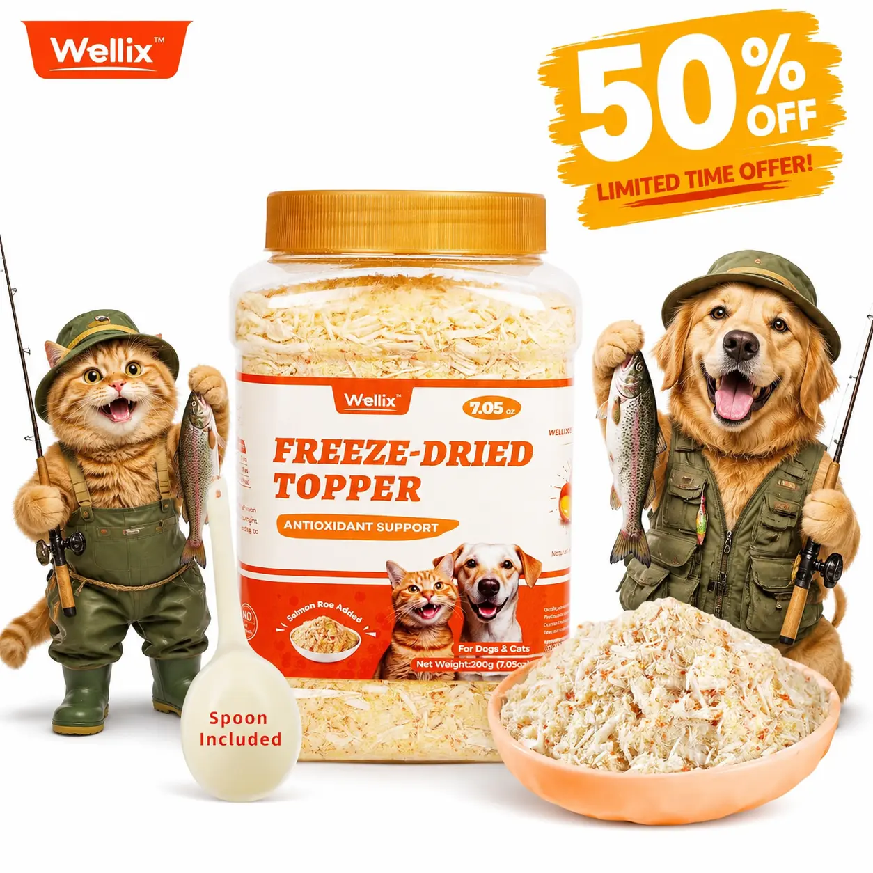Wellix 7.5oz Dog & Cat Salmon Roe Added Food Topper - Chicken, Egg Yolk, Salmon Roe | Freeze Dried Chicken Formula | Low Calorie & Rich in Omega-3 | Antioxidant Support, Brain and Cognitive Support | 100% Natural, Nutritious, Yummy