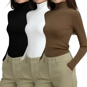 3Piece Women's Turtleneck Crop Shirts - Long Sleeve Slim Fit Thermal Ruched Soft Tees for Spring Fall Loungewear Sleepwear