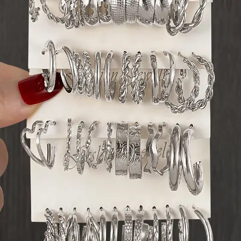 24 Pcs Vintage Style Alloy Elegant Earrings Set, Earrings Stack Set, & Silver Color, Casual All-Season Jewelry, Perfect for Daily Wear, Trendy Fashionable Accessories