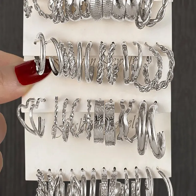 24 Pcs Vintage Style Alloy Elegant Earrings Set, Earrings Stack Set, & Silver Color, Casual All-Season Jewelry, Perfect for Daily Wear, Trendy Fashionable Accessories