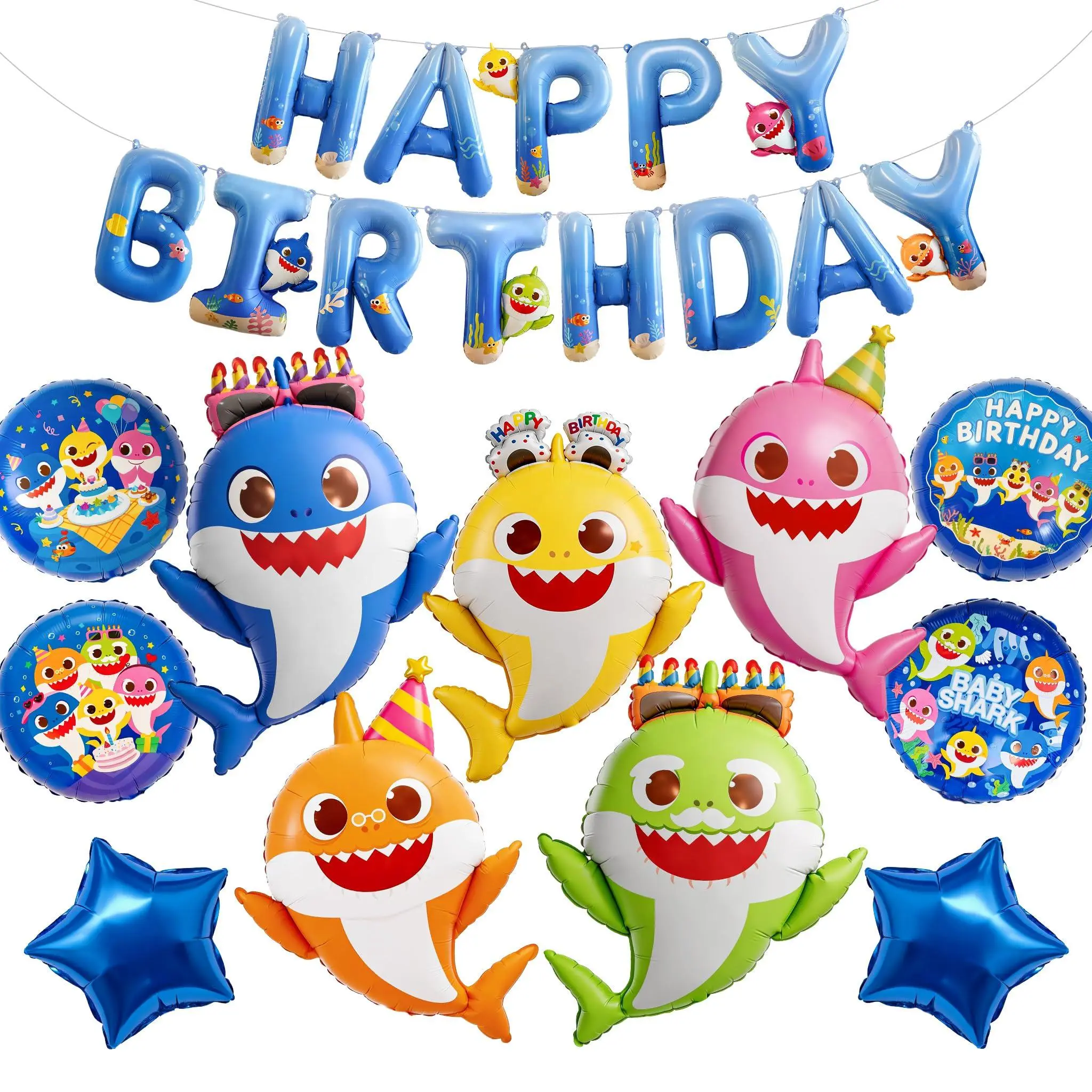 PartyWoo Baby Shark Family Foil Balloons 13pcs Baby Shark Family Blue Round Star Mylar Happy Birthday Banner Letter Balloons for Boys and Girls Under the Sea Kids Birthday Party Decorations