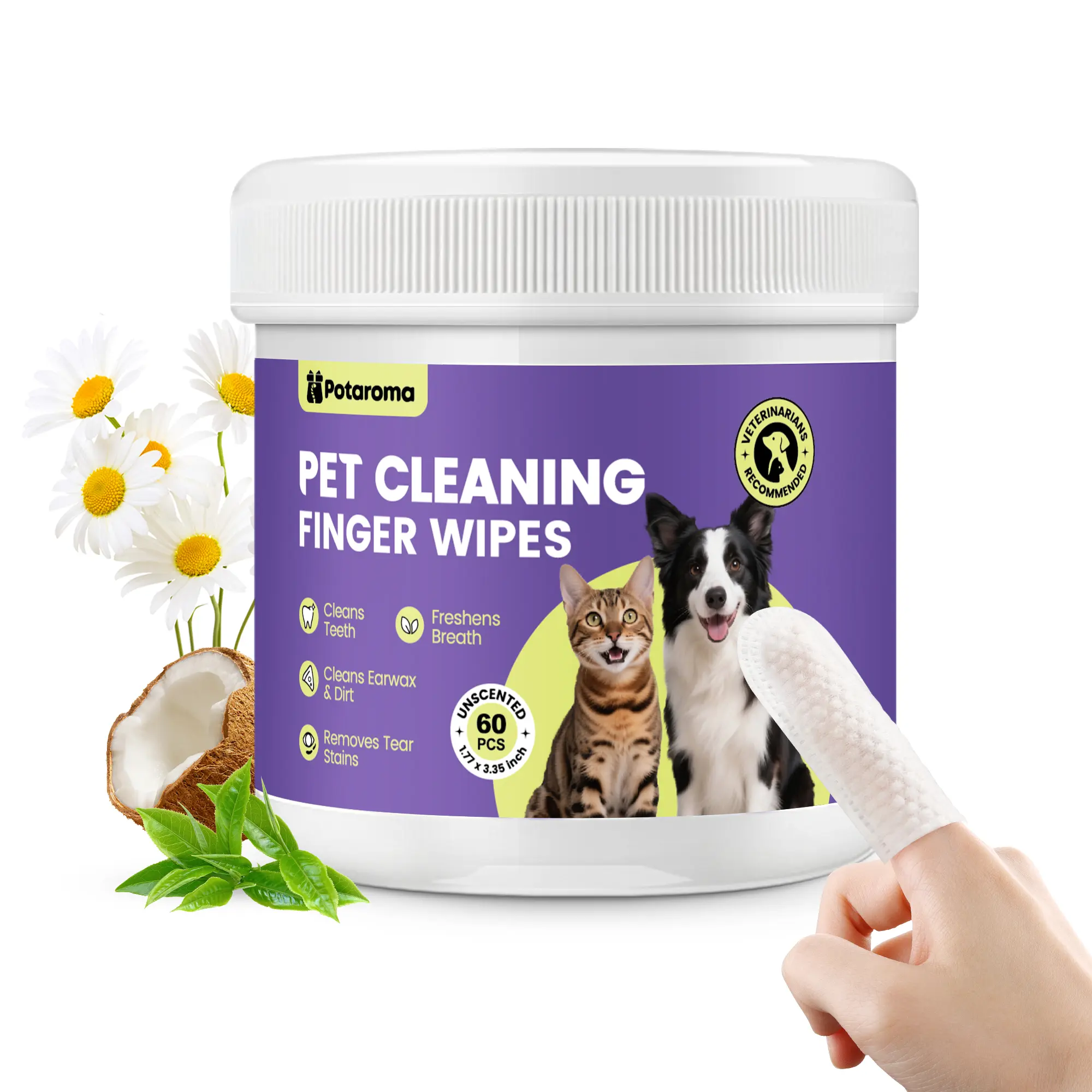Potaroma 60 Count Pet Cleaning Finger Wipes, Soft Disposable No-Rinse Grooming Wipes for Dogs and Cats Daily Cleaning