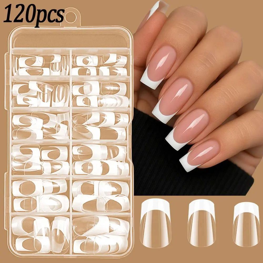 120Pcs/box White French Clear Press On Nails Medium Long Square False Nails Reusable Full Cover Clear French Nail Extension Tips