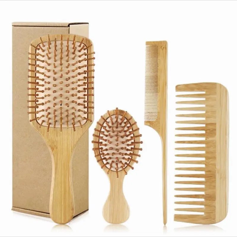 Bamboo Detangling Hair Brush & Comb Set 4 Counts Natural Handmade Styling Tool for Women Men Professional Heatless for Home Salon Use