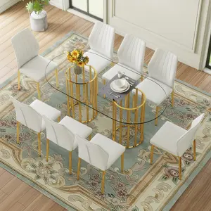 Dining Table and Chair Set. Includes a 71-inch oval tempered glass dining table with a gold double-column design, exuding a touch of understated luxury; and comes with 6 or 8 white or black PU dining chairs, with gold chair legs and PU backrests designed