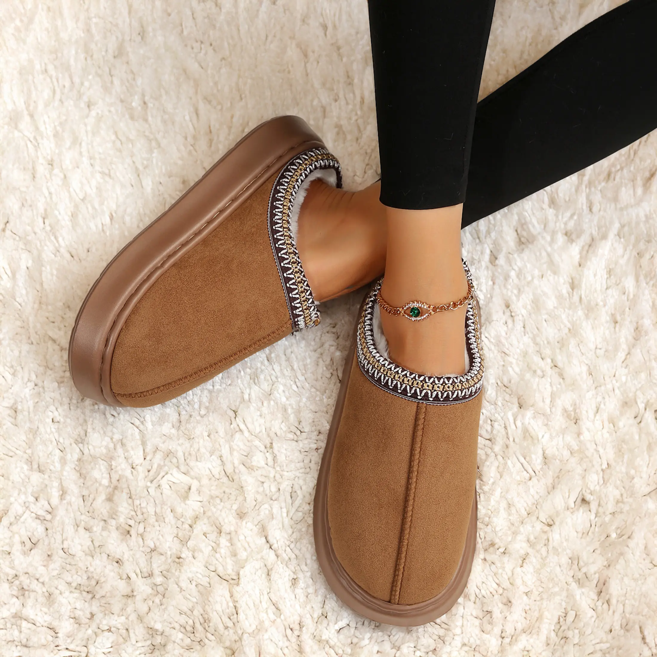 Suede Women's Slippers Fleece Lined Platform Slides Winter Non-Slip Mini Snow Boots Comfort Home Indoor Outdoor Warm Shoes Footwear Camel