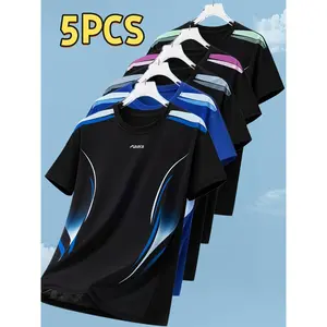 5-piece set of men's summer trendy ice silk short-sleeve shirts, ice silk T-shirts, sports short-sleeves, sweatshirts, round neck, quick-dry and breathable, casual short-sleeves suitable for outdoor sports, hiking, and dating