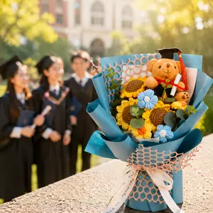 FEITAI 11.81 in Handmade Crochet Flower Bouquet - Sunflower, Rose, Dr. Bear Design - Graduation & Teacher Appreciation Decorative Artificial Home Supplies