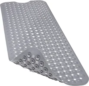 Gray Extra Large Non-Slip Bathtub Mat - 40x16 in, Soft with Suction Cups, Drain Holes, Machine Washable for Bathroom Floor Tub Cleanliness