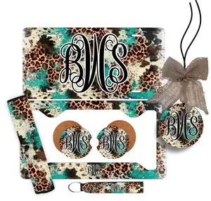 Turquoise Cow Leopard Personalized License Plate and Car Coasters, Personalized car tag, Custom Car Tag, License Plate for women, Monogram