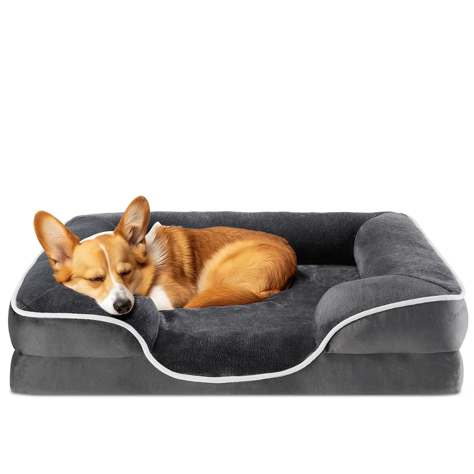 Orthopedic Memory Foam Pet Bed with Neck Support Pillow for Large Dogs - Supportive Sofa, Washable Removable Cover, Non-Slip Base, Waterproof Couch