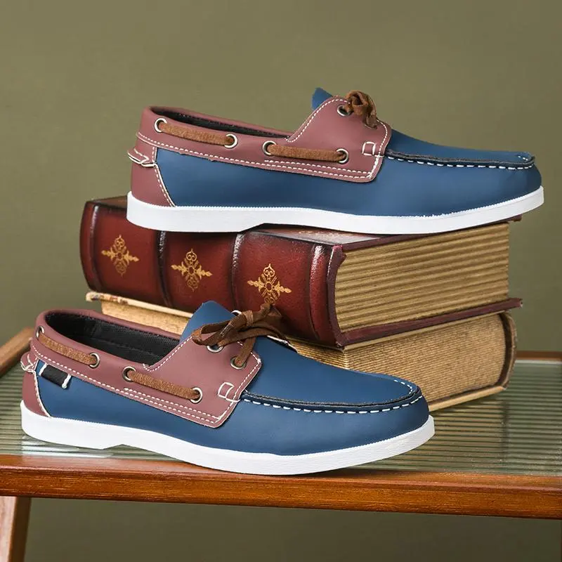 Stylish Color-Block Men’s Loafers – Navy Blue & Brown Lace-Up Sneakers with Soft Retro Upper & Durable PVC Sole Casual Fall Shoes Footwear