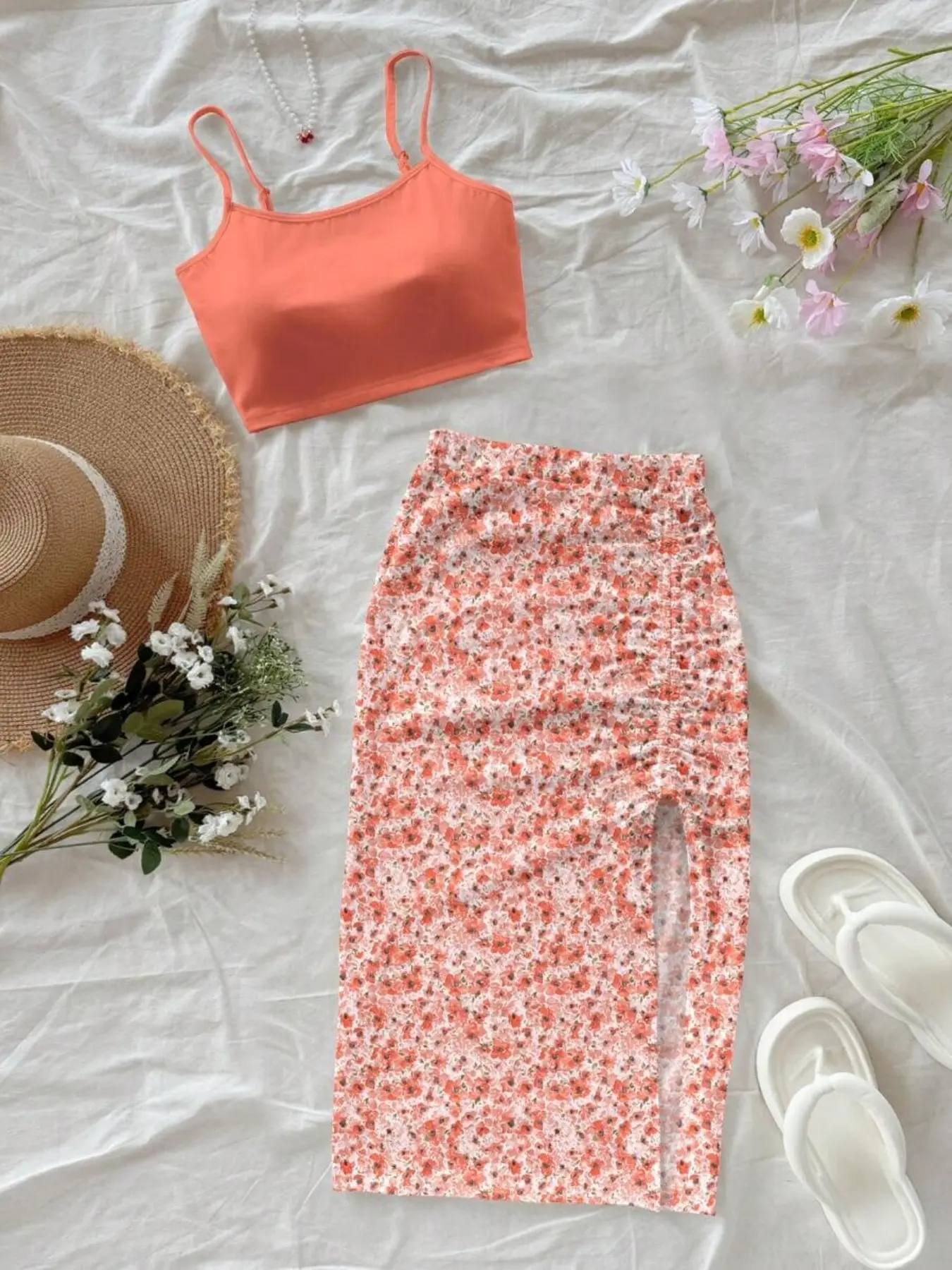Women's 2-Piece Set Floral Print Tank Top and Tight Dress, Casual Summer Vacation, Comfortable and Stylish Clothing, Stretchy Outfit Sets, Casual Fashion Set