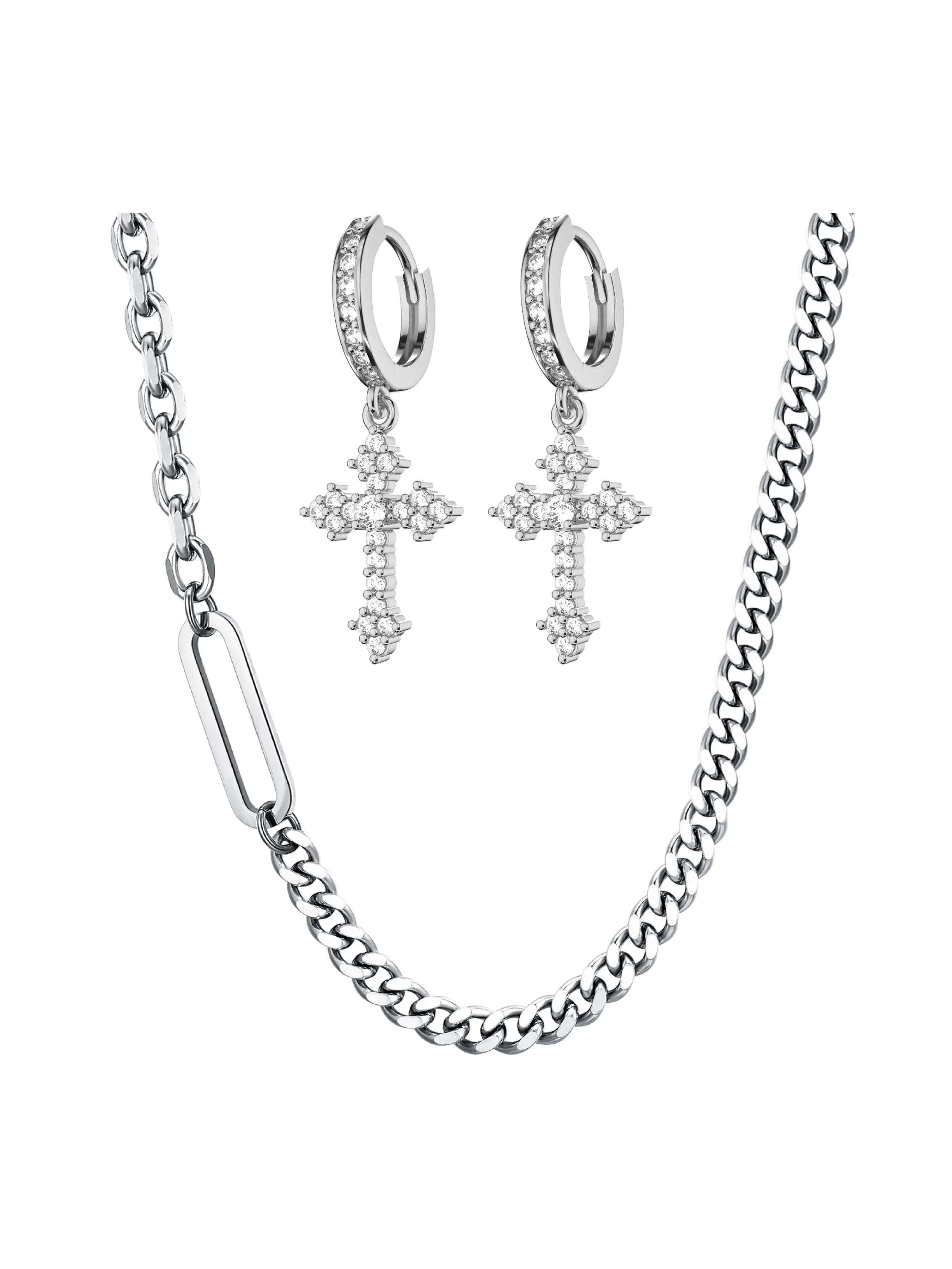 Hip-Hop Street Style Cuban Necklace and Cross Earrings Set, Unisex Fashion Jewelry, Perfect Gift for All Occasions