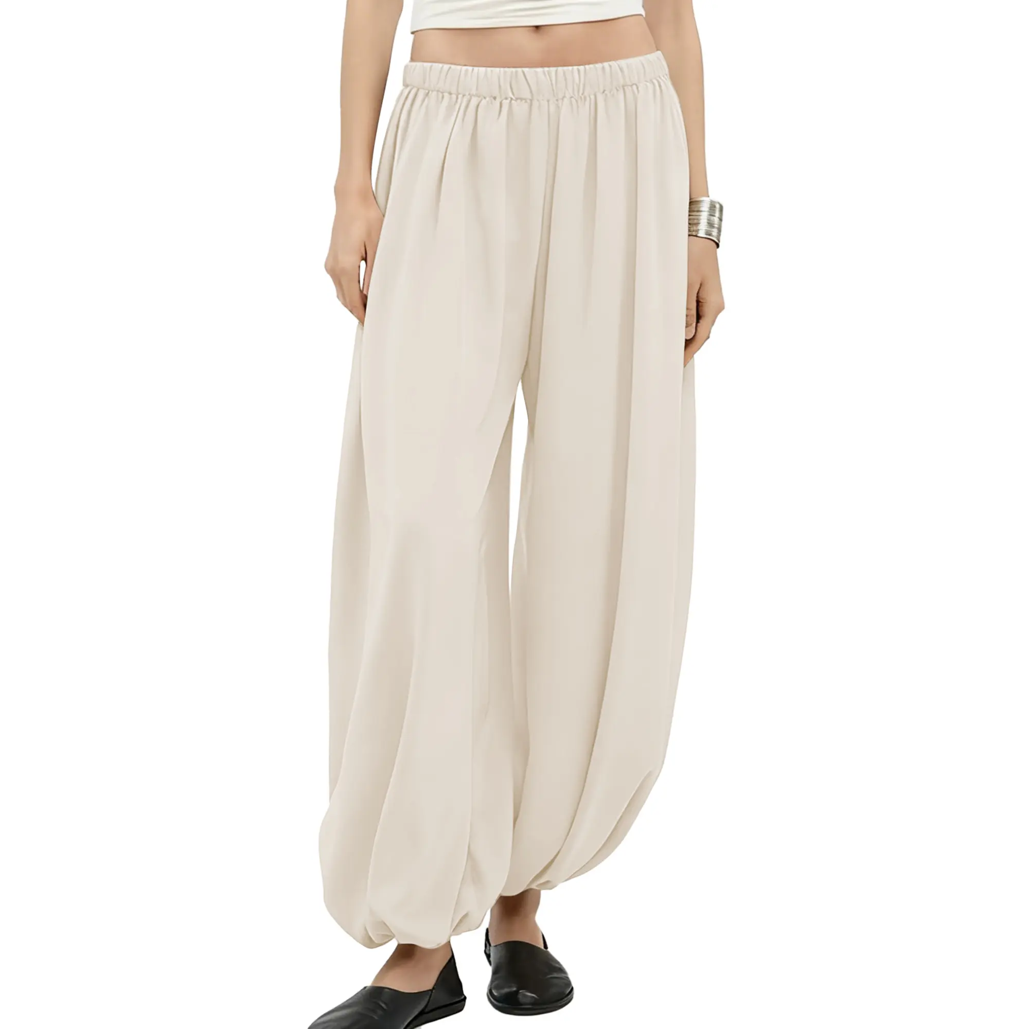Hixiaohe Women's Satin Balloon Pants, Boho Pleated Harem Trousers with Elastic Waist for Casual Lounge Wear, Tank Top, Bottoms, Fabrics