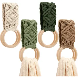 4 Pcs Boho Handmade Crochet Hanging Dish Towel Holder with Loop Ring, Knit Towel Hanger for Cabinet Oven Stove Door, Ideal Gift for Mother, 4 Colors (Sage Green)