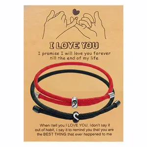 2pcs Matching Couples Bracelet Love Knot Valentine Relationship Jewelry Gold Knot Beaded Bangle Pink Forever Couples Bracelets for Him & Her Gift card