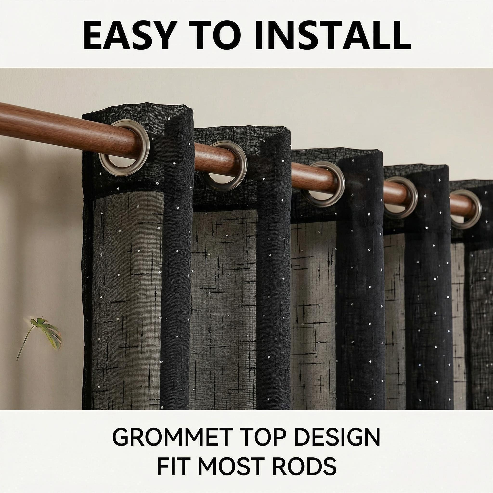 Curtain Club 8 Panels 34X84 Inch Diamond Beaded Twill + Full-Length Chiffon Curtain Set. Each style contains 4 pieces. All are plain chiffon fabric, translucent, with iron rings, woven, rod type, FT2930 + L12