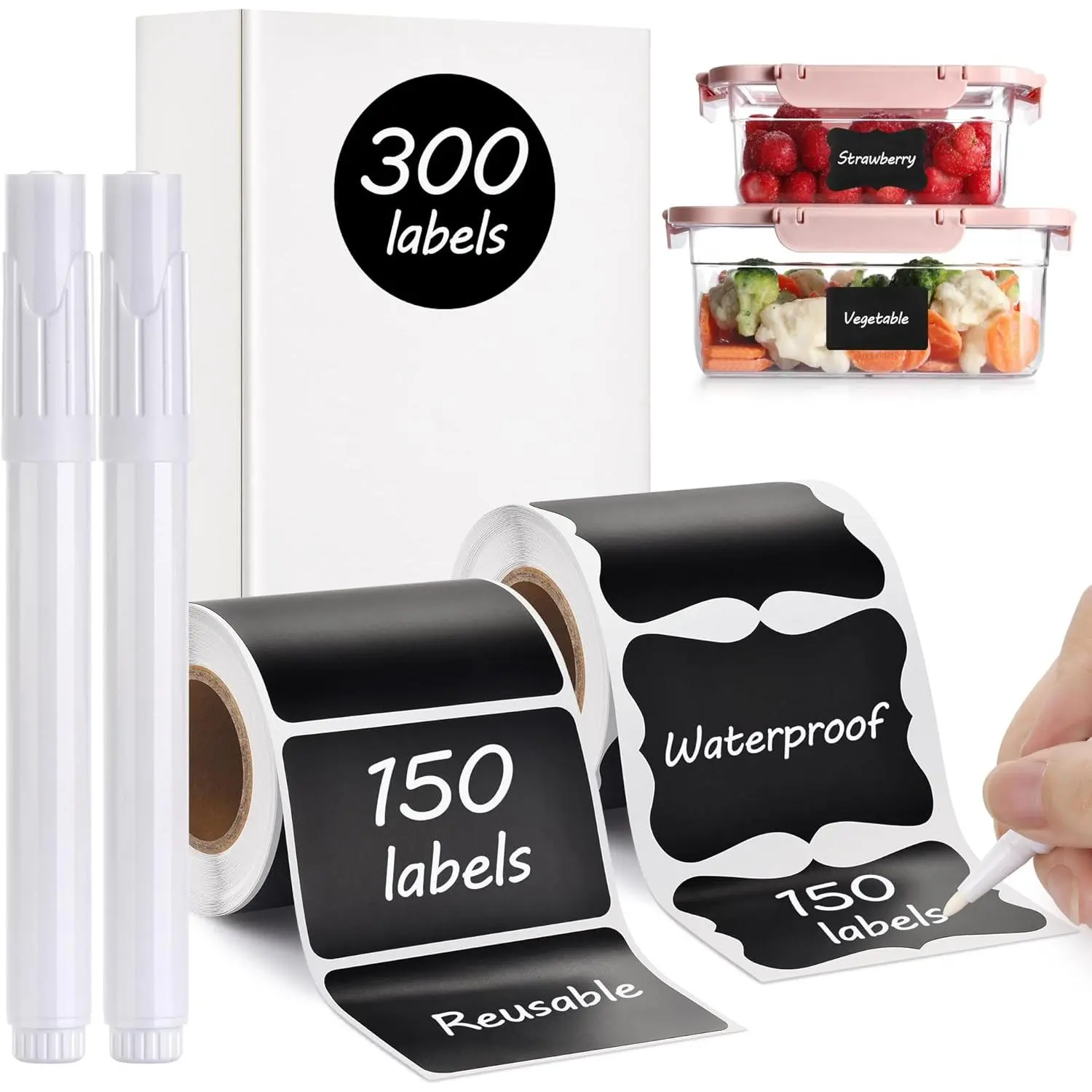 Chalkboard Labels - 300 count   Blackboard Stickers with 2 Free Erasable White Chalk Marker, Mini Decorative Chalk Labels for Jars Containers Kitchen  Pantry Office