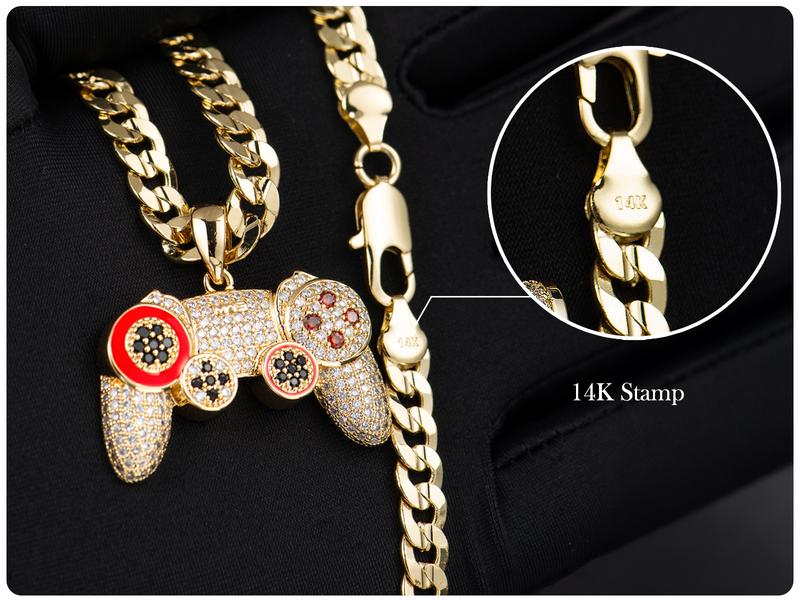 Holylegend 14K Real Gold-Plated Game Controller Necklace, Statement necklace,Sony-Inspired CZ Diamond Pendant, 24" Cuban & Rope Chain, Hip Hop Jewelry Gift for PlayStation Fans