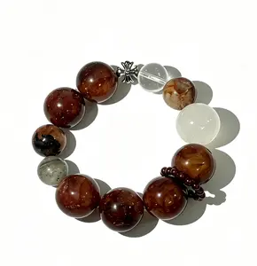 Daily Energy Support Crystal Bracelet – Gray Layered Phantom, Clear Quartz, White Phantom & Fire Quartz