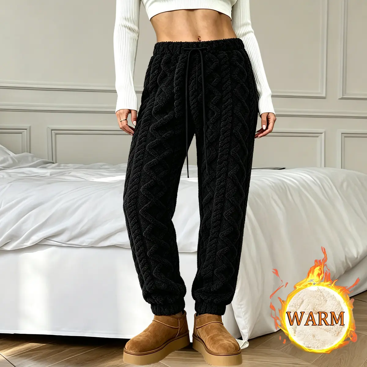 Women’s fleece-lined long pants, fleece jacquard pants, loose unisex pants, fleece oversized straight-leg casual pants, comfortable fabric, relaxed everyday bottoms, low-rise street casual, lightweight straight-leg casual pants | Soft everyday fleece pant