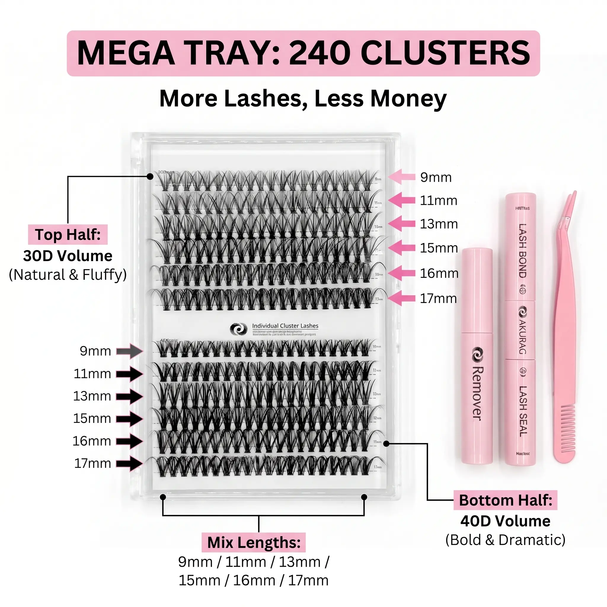 Mixed Length Individual False Eyelashes Kit, DIY Eyelash Extensions, Natural-Looking Eyelash Extensions with Accessories, Self-Grafting Curling Lashes for Women, Makeup Products